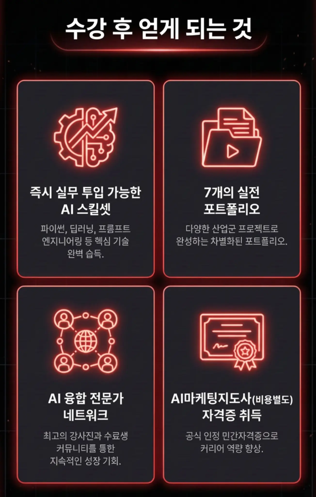 수강 후 얻게 되는 것 - 즉시 실무 투입 가능한 AI 스킬셋, 7개의 실전 포트폴리오, AI 융합 전문가 네트워크, AI마케팅지도사 자격증 취득