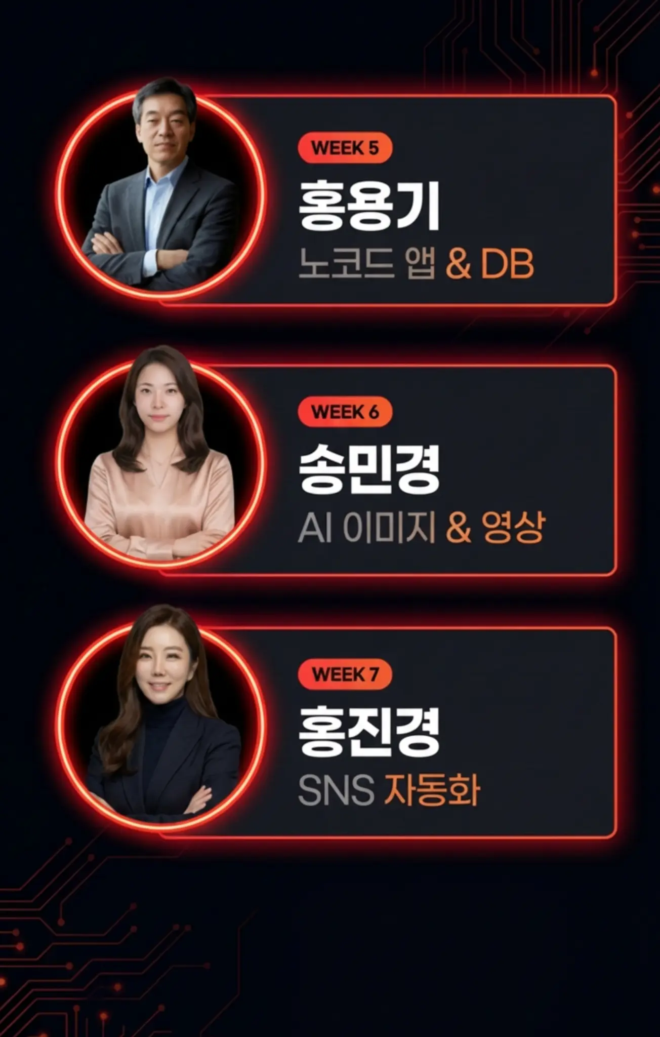 강사진 - WEEK5 홍용기(노코드 앱&DB), WEEK6 송민경(AI 이미지&영상), WEEK7 홍진경(SNS 자동화)